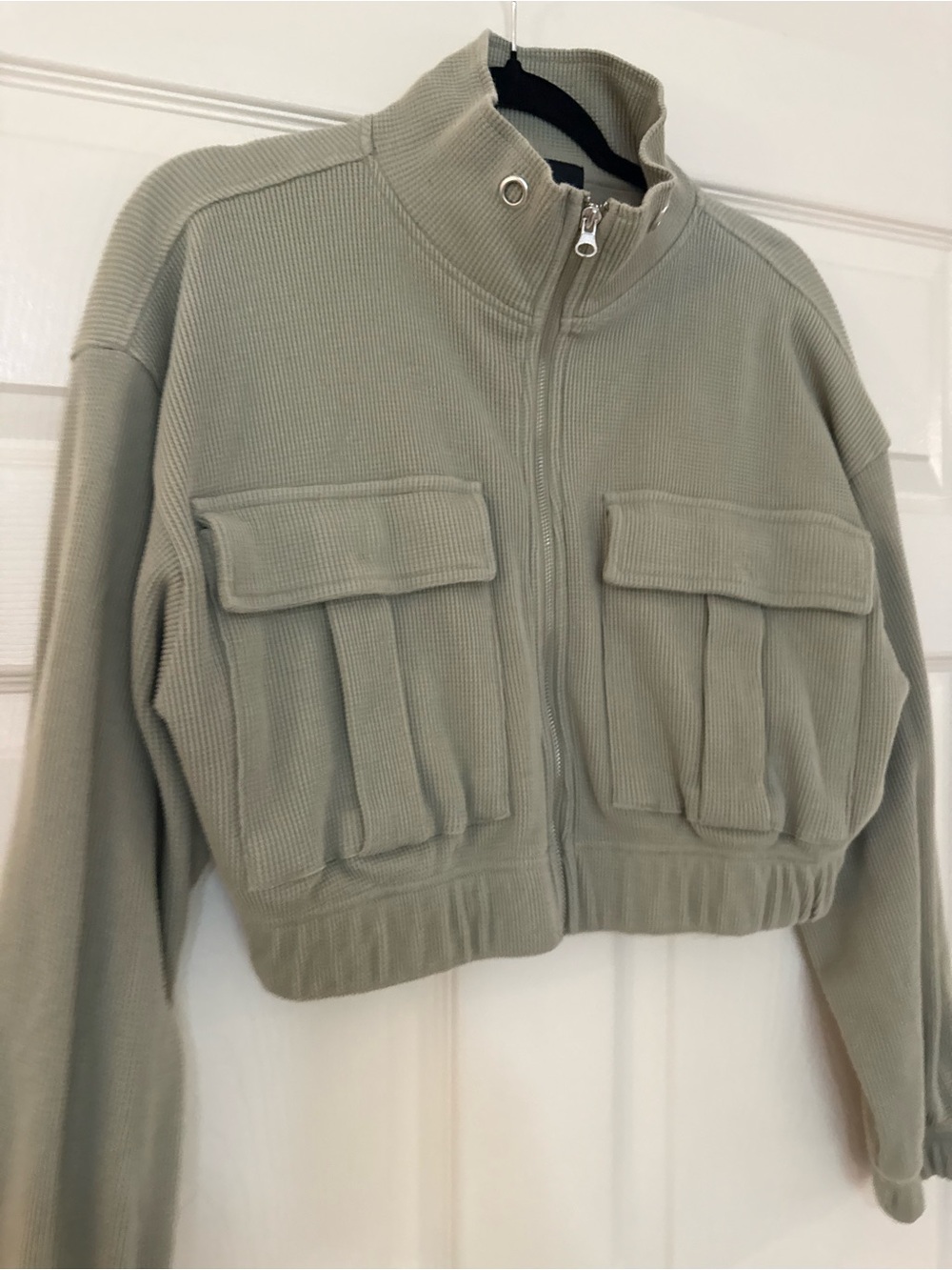 Light Sage Green Waffle Knit Zip Jacket